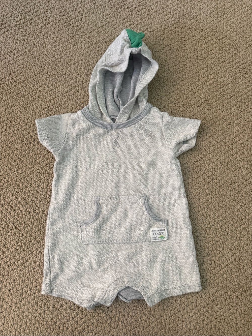 Carters Light Gray Hooded Baby Romper with Green Hood Tip